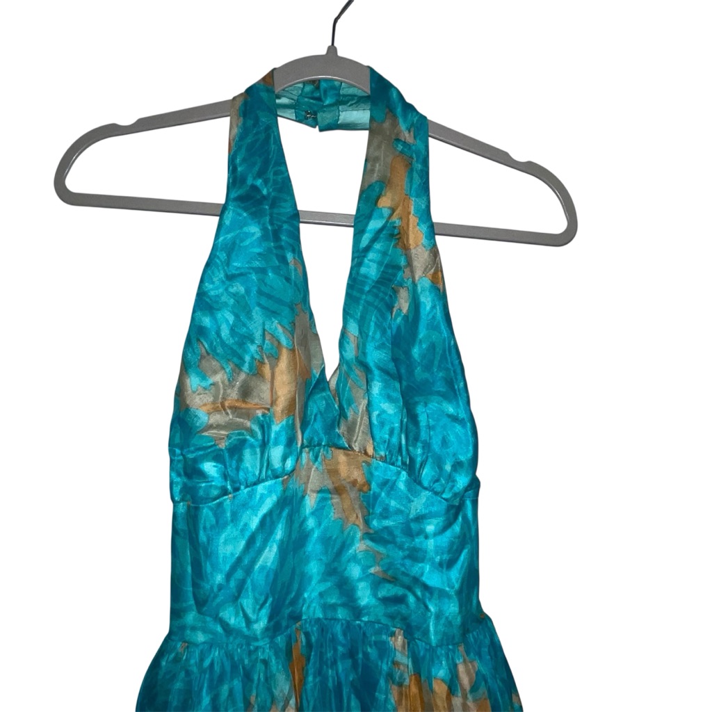 1970s Vintage Custom Turquoise; Teal And Brown Halter Maxi Dress